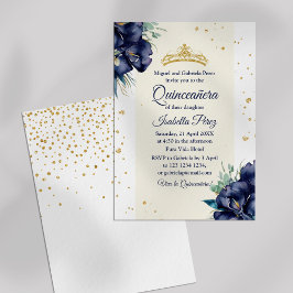 Invitación Purpurina de oro Tiara Royal Floral Azul Quinceane