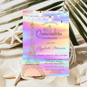Invitación Purpurina de oro Torre Eiffel Holografía Quinceañe