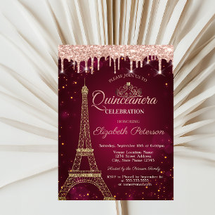 Invitación Purpurina de oro Torre Eiffel Tiara Dritas Quincea