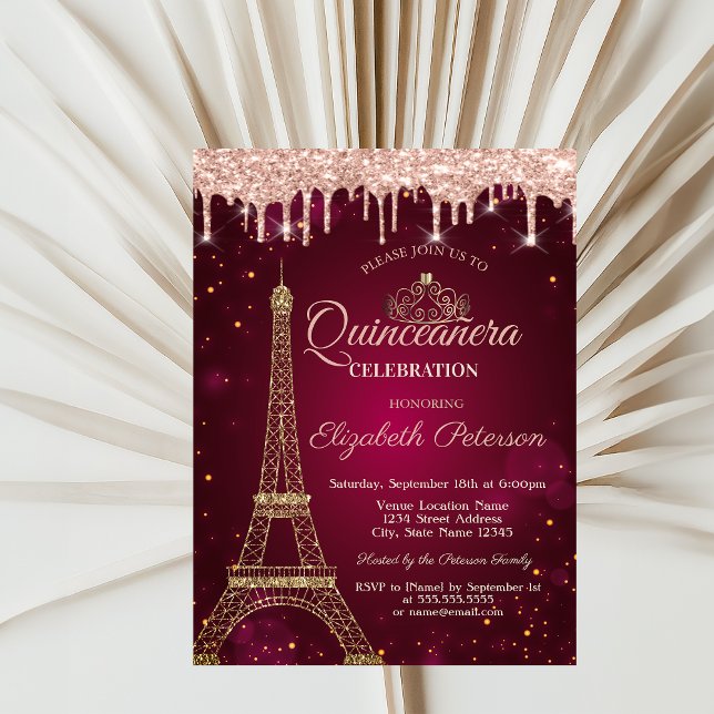 Invitación Purpurina de oro Torre Eiffel Tiara Dritas Quincea (Subido por el creador)