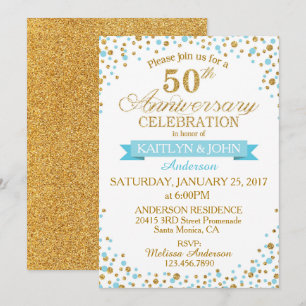 Invitación Purpurina de oro turquesa gana 50 años