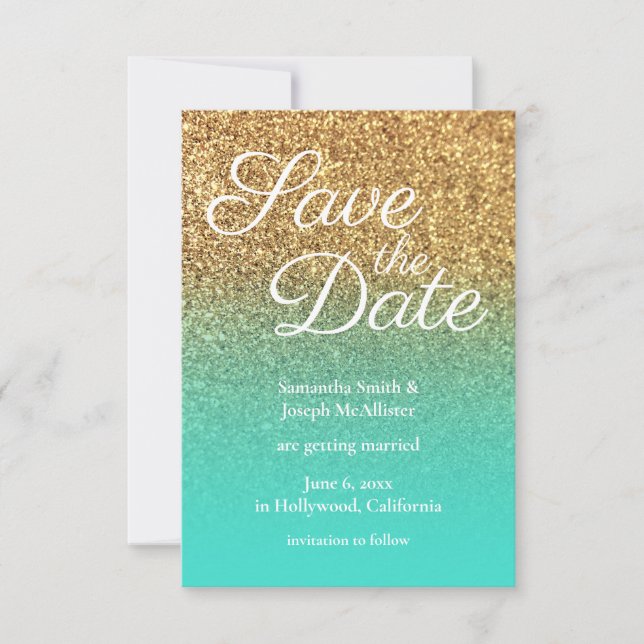 Invitación Purpurina de oro Turquoise Ombre Foto Guardar fech (Anverso)