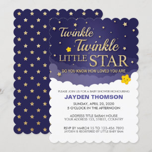 Invitación Purpurina de oro Twinkle Little Star Baby Shower