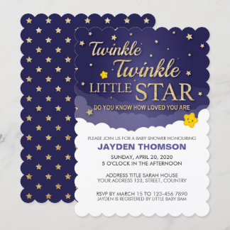 Invitación Purpurina de oro Twinkle Little Star Baby Shower