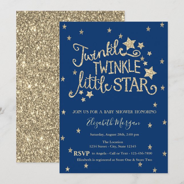 Invitación Purpurina de oro Twinkle Little Star Baby Shower (Anverso / Reverso)