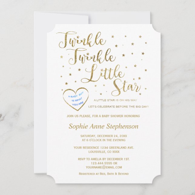 Invitación Purpurina de oro Twinkle Twinkle Boy Baby Shower (Anverso)