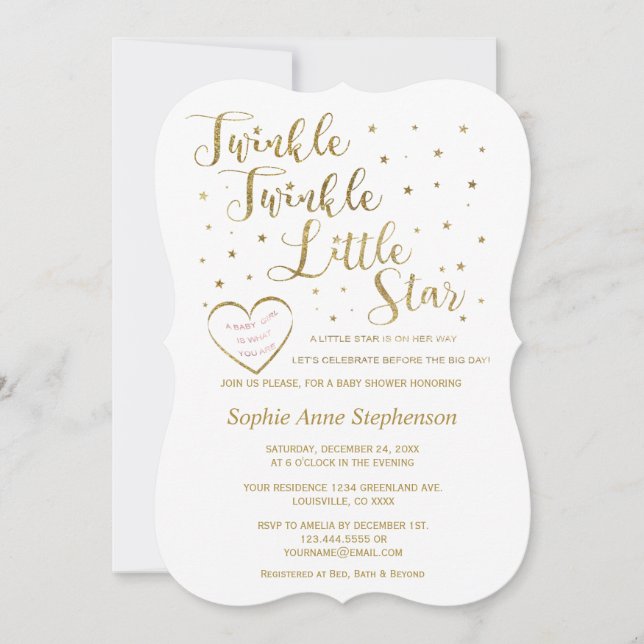 Invitación Purpurina de oro Twinkle Twinkle Chica Baby Shower (Anverso)