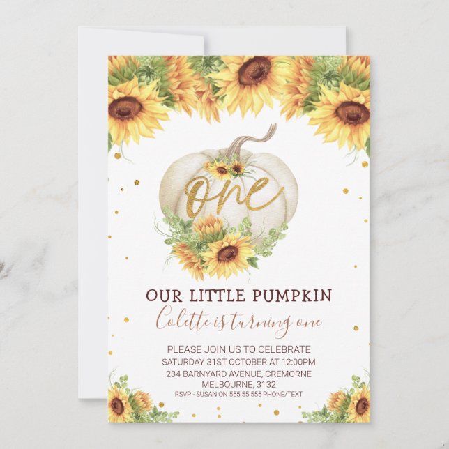 Invitación Purpurina de oro Un Calabaza de Girasol Primer cum (Anverso)