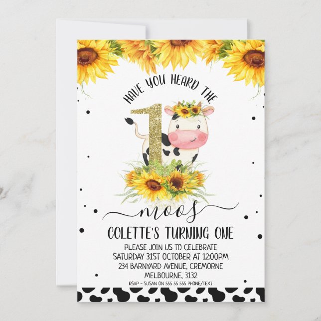 Invitación Purpurina de oro Una vaca de girasol Imprimir prim (Anverso)