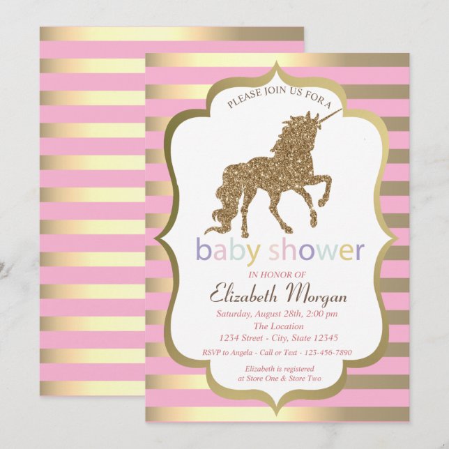Invitación Purpurina de oro Unicorn,Invitación de Baby Shower (Anverso / Reverso)