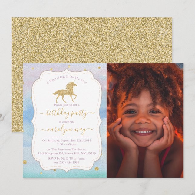 Invitación Purpurina de oro Unicornio foto cualquier cumpleañ (Anverso / Reverso)