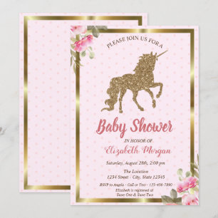 Invitación Purpurina de oro Unicornio puntos de polka,Baby Sh