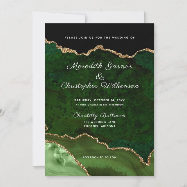 Invitación Purpurina de oro verde Agate Geode Boda (Anverso)