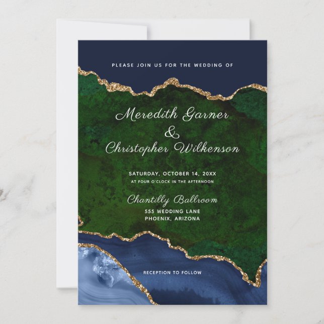 Invitación Purpurina de oro verde azul Agate Geode Boda (Anverso)