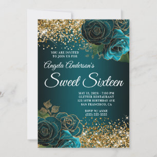 Invitación Purpurina de oro Verde azulado Blue Floral Glam Sw