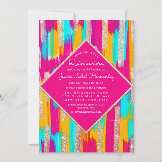Invitación Purpurina de oro Verde azulado Neon Paint Quinceañ (Anverso)