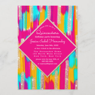 Invitación Purpurina de oro Verde azulado Neon Paint Quinceañ