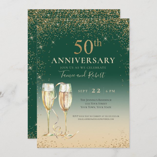 Invitación Purpurina de Oro Verde Champagne 50 aniversario (Anverso / Reverso)