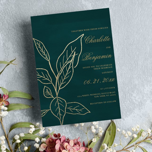 Invitación Purpurina de oro verde del bosque de Glam boda de  (Glam forest green gold glitter floral leaf wedding)