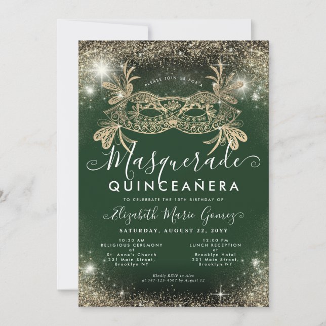 Invitación Purpurina de oro verde esmeralda (Anverso)