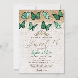 Invitación Purpurina de oro verde esmeralda mariposa dulce 16