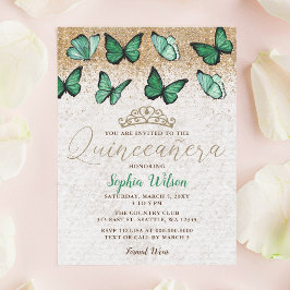 Invitación Purpurina de oro verde esmeralda mariposa Quinceañ