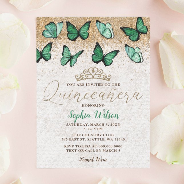 Invitación Purpurina de oro verde esmeralda mariposa Quinceañ (Emerald Green Gold Glitter Butterfly Quinceañera Invitation)