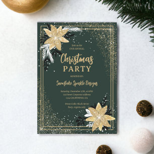 Invitación Purpurina de oro verde floral Navidades corporativ