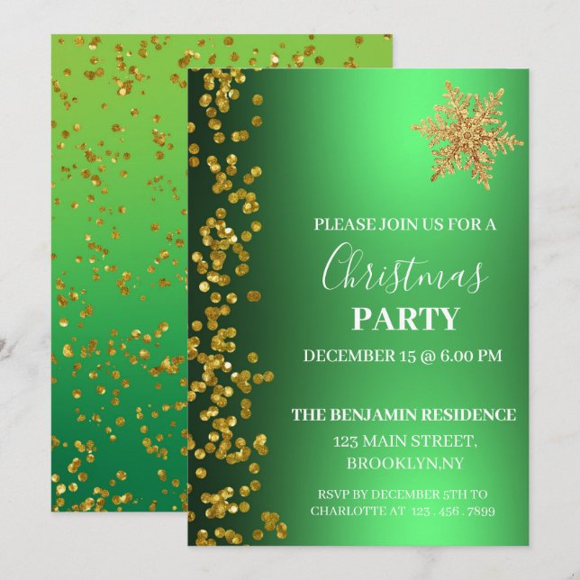 Invitación Purpurina de oro verde Navidad de copo de nieve Fi (Anverso / Reverso)