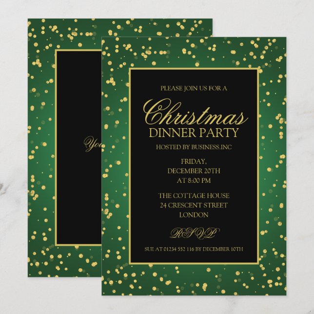 Invitación Purpurina de oro verde  Navidades Fiesta de cena (Anverso / Reverso)