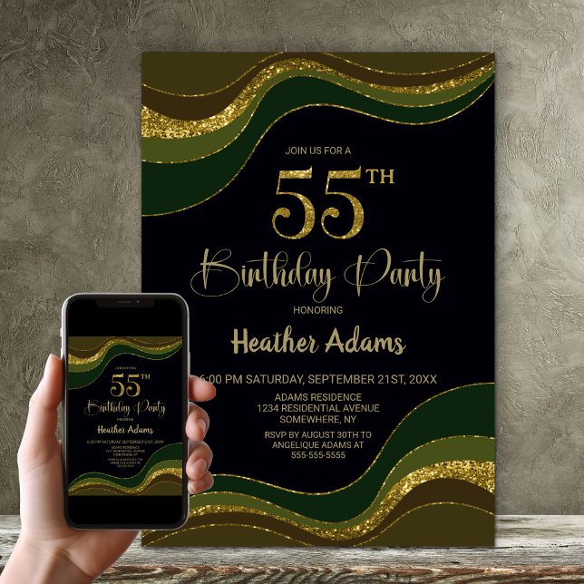 Invitación Purpurina de Oro Verde Negro 55ª fiesta de cumplea (Subido por el creador)