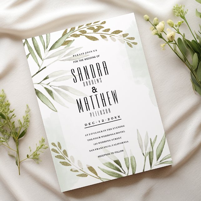 Invitación Purpurina de oro verde tropical hojas Boda (Tropical white green gold glitter leaves Wedding)