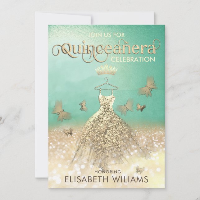 Invitación Purpurina de Oro Verde vestido mariposa Quinceañer (Anverso)