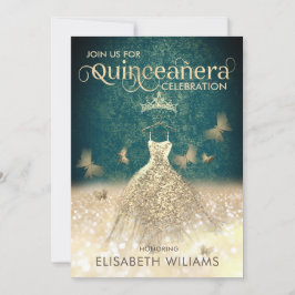 Invitación Purpurina de Oro Verde vestido mariposa Quinceañer