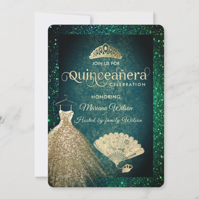 Invitación Purpurina de oro verde vestido tiara fan Quinceañe (Anverso)