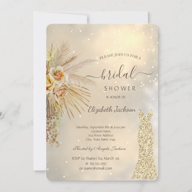 Invitación Purpurina de oro Vestido Boho Flores Ducha de novi (Anverso)