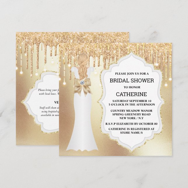 Invitación Purpurina de oro vestido de novia elegante lujoso  (Anverso / Reverso)
