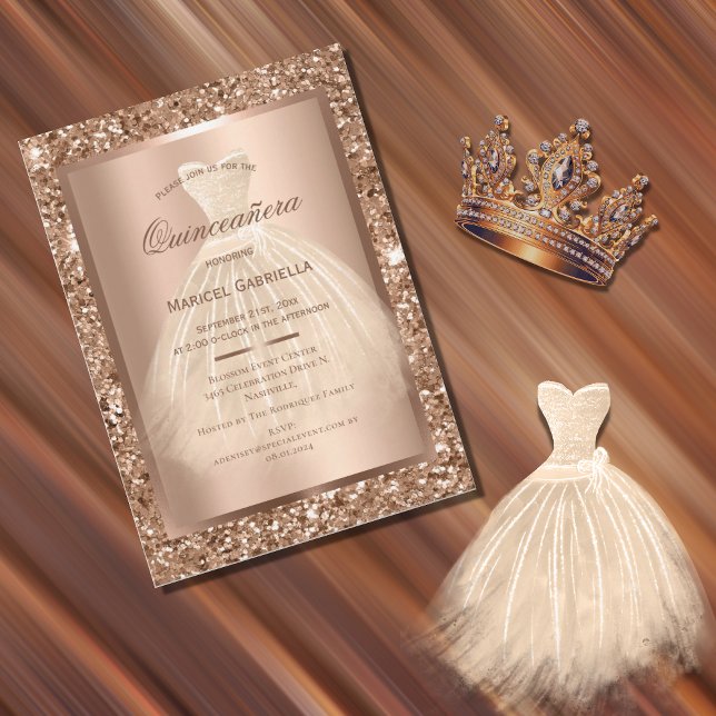 Invitación Purpurina de oro Vestido elegante de cobre Quincea (Subido por el creador)