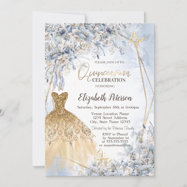 Invitación Purpurina de oro Vestido Flores Mariposa Quinceane (Anverso)