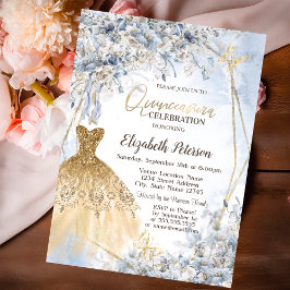 Invitación Purpurina de oro Vestido Flores Mariposa Quinceane