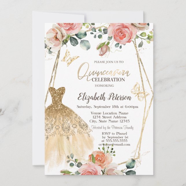 Invitación Purpurina de oro Vestido Mariposa Flores Quinceane (Anverso)