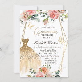 Invitación Purpurina de oro Vestido Mariposa Flores Quinceane