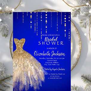 Invitación Purpurina de oro Vestido Royal Blue Bridal Shower