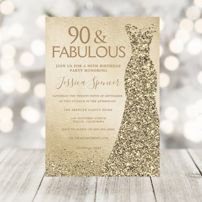 Invitación Purpurina de oro Vestir a las mujeres 90 cumpleaño (Subido por el creador)
