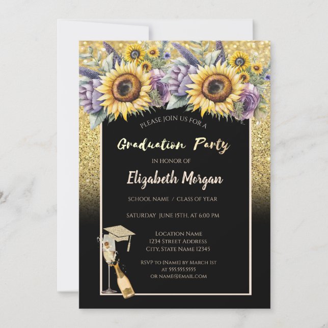 Invitación Purpurina de oro, vino, vidrio, flores violetas de (Anverso)