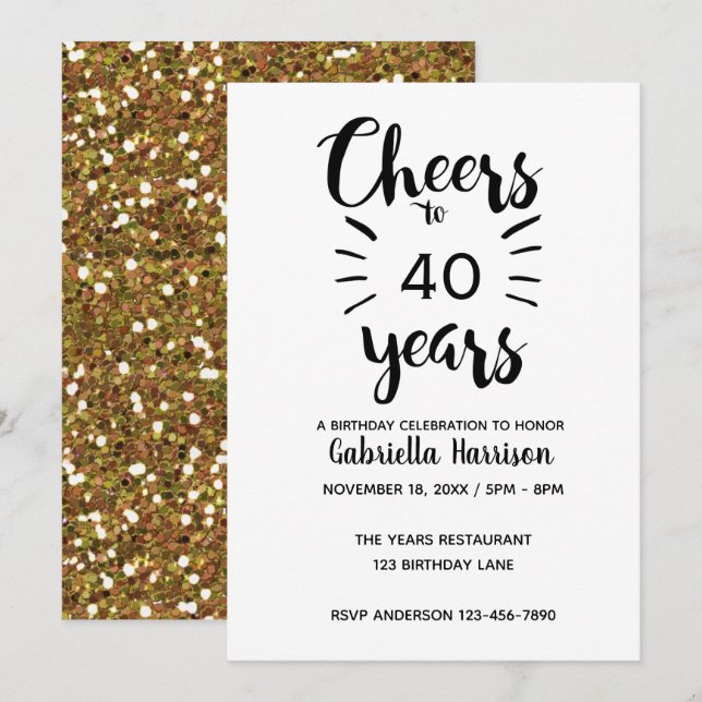 Invitación Purpurina de Oro vitorea a cumpleaños número 40 (Anverso / Reverso)