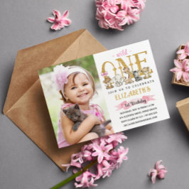 Invitación Purpurina de oro Wild One Safari. Foto de la fiest