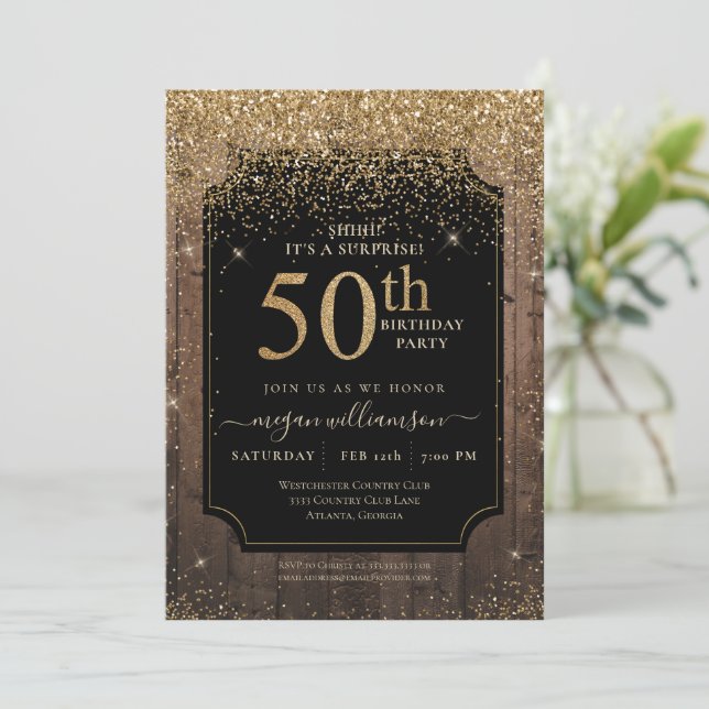 Invitación Purpurina de oro Wood 50th Birthday Party Black (Anverso de pie)