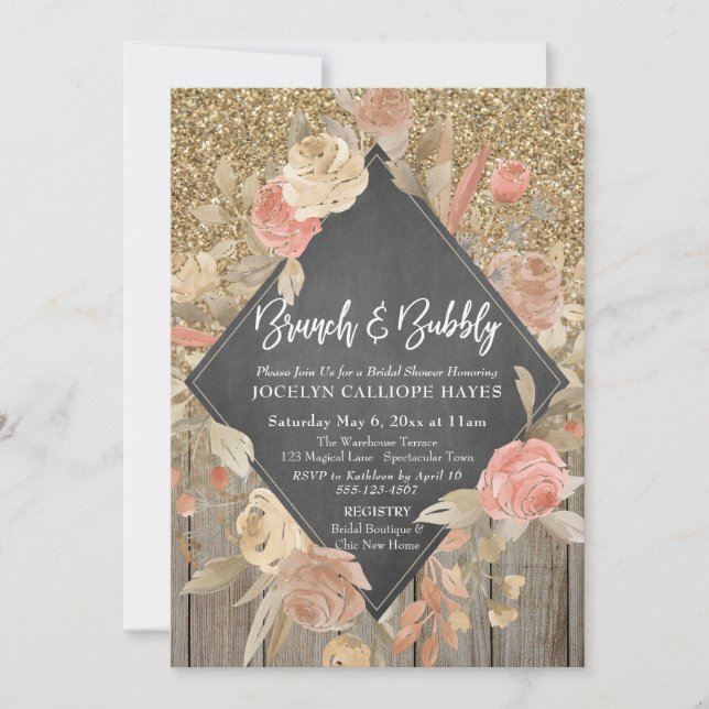 Invitación Purpurina de oro Wood Floral Chalkboard Brunch Bub (Anverso)