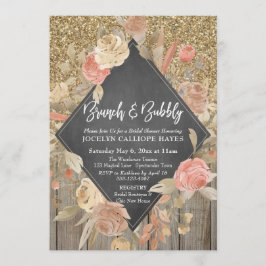 Invitación Purpurina de oro Wood Floral Chalkboard Brunch Bub
